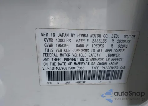 2005 Acura Tsx z USA, uszkodzony, nr VIN JH4CL96815C017366